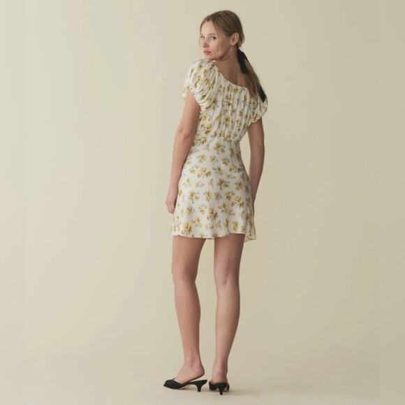 NWT Doen Sera Silk Short Puff Sleeve V Neck Mini Dress Gold Frolicking Floral - Picture 4 of 11